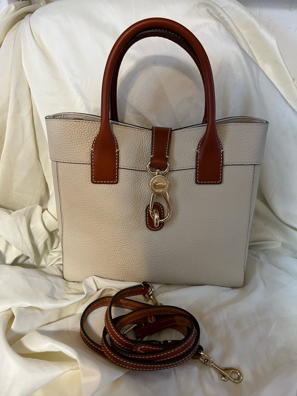 Cream and Brown Leather Tote Bag with Gold Hardware